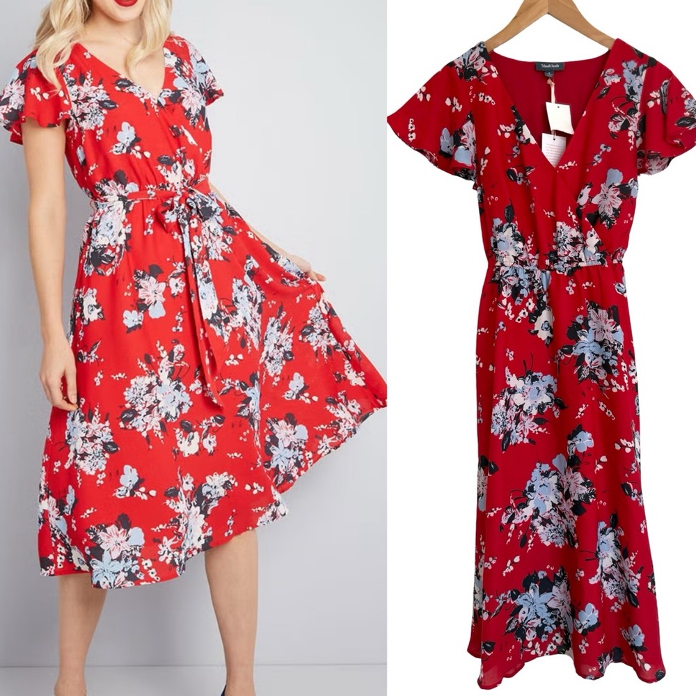 Anthropologie Red Floral Midi Dress with Flutter Sleeves